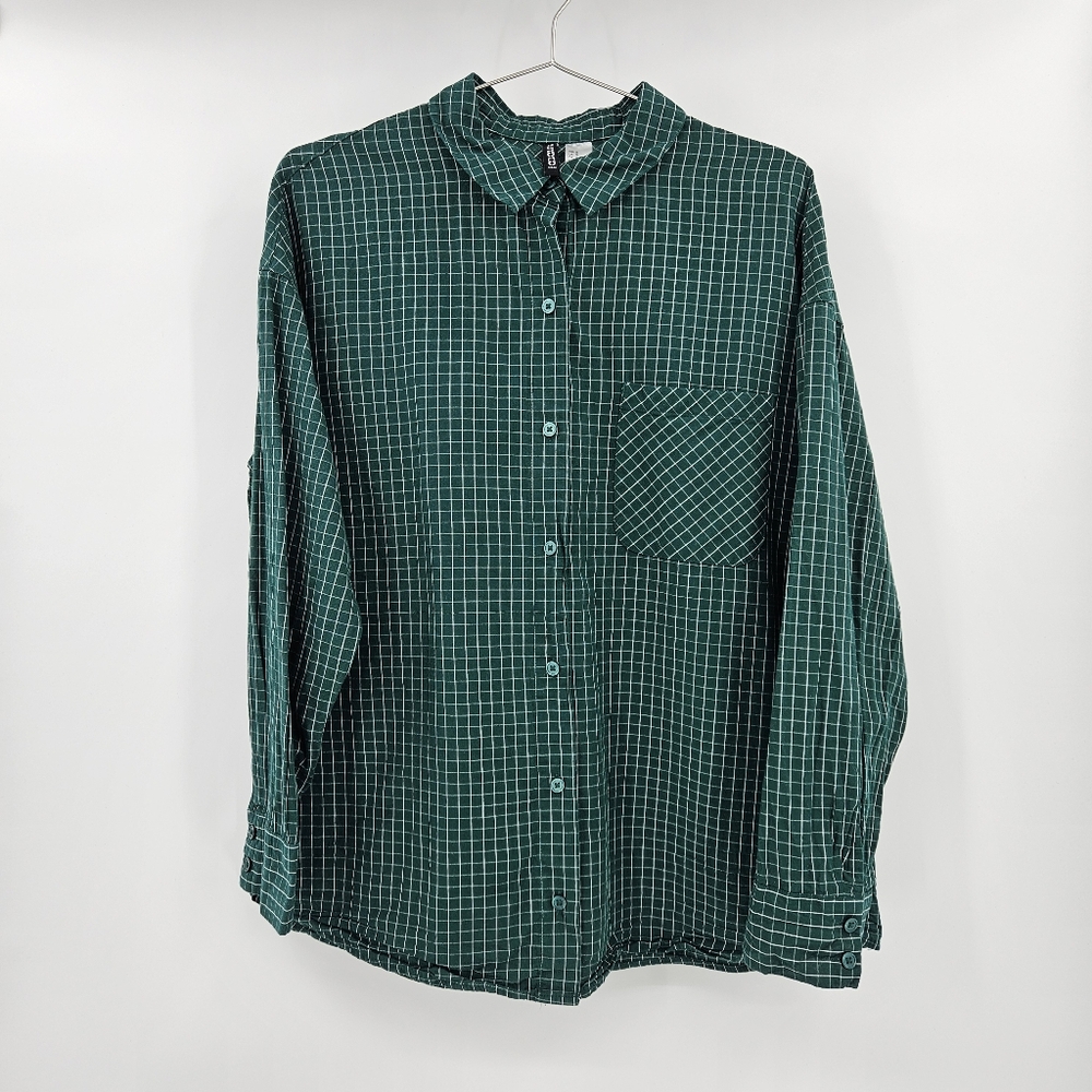 H&M Divided Green Button Up Windowpane Shirt Cotton Small